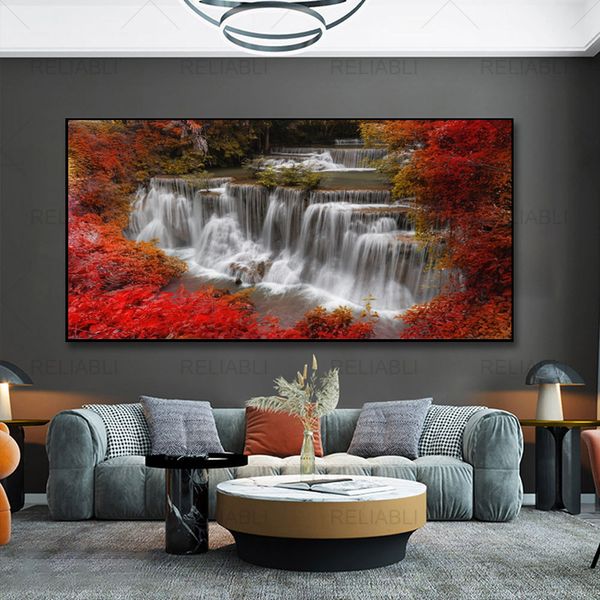 Moderne Wald Wasserfall Leinwanddruck Wandkunst Rote Bäume Natur Landschaft Poster Art Home Decor Interior Leinwand Malerei Cuadros