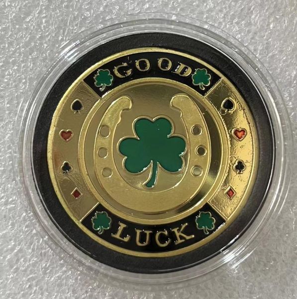 5pcs/lot Regali Gold Green Clover Challet Luck Challenge Coin Fashion Poker Card CHIPS COLLEZIONI TOKEN CONTENI con capsula di monete.cx