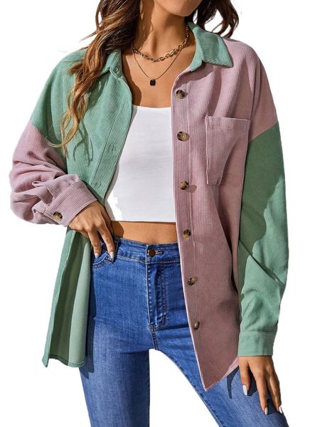 

color block patched pocket drop shoulder corduroy coat d29i#, Black
