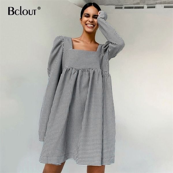 Bclout Schwarz Weiß Plaid Kleid Vintage Puff Sleeve Mini Kleid Frau Herbst Quadrat Kragen Casual Dame Vestido Zipper Sexy 210303