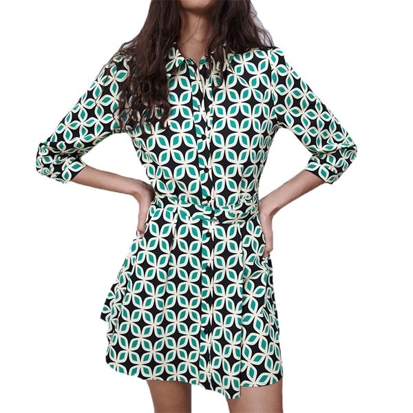 

women chic fashion button-up draped midi shirt dress casual three quarter geometric printing female dresses vestidos 220318, Black;gray