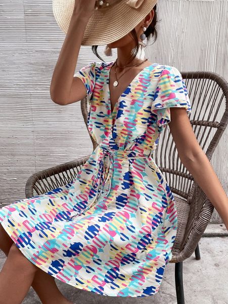 

geo print butterfly sleeve belted dress o79l#, Black;gray