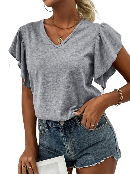 

ruffle trim v-neck tee 28st#, White
