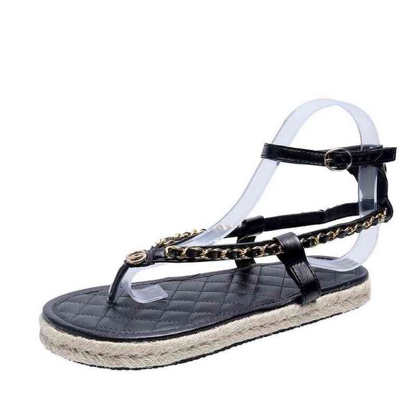 

new clip fashion-2022 toe flat sandals fashion chain thick bottom women's shoes net red same open toe large sandals, Black