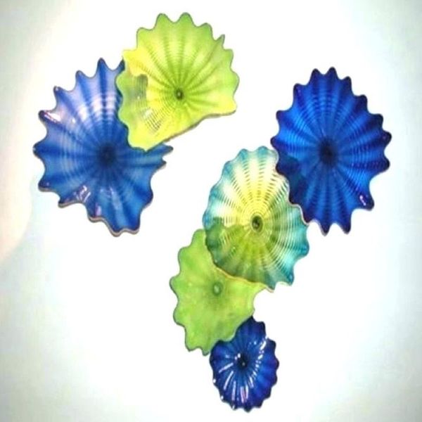 Lampada a forma di fiore soffiato a mano colore blu limone verde Decorazione moderna Murano Wall Art Piatti in vetro per appendere a parete Tondo Diametro da 20 a 45 cm