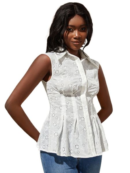 

eyelet embroidered fold pleated sleeveless blouse p8on#, White
