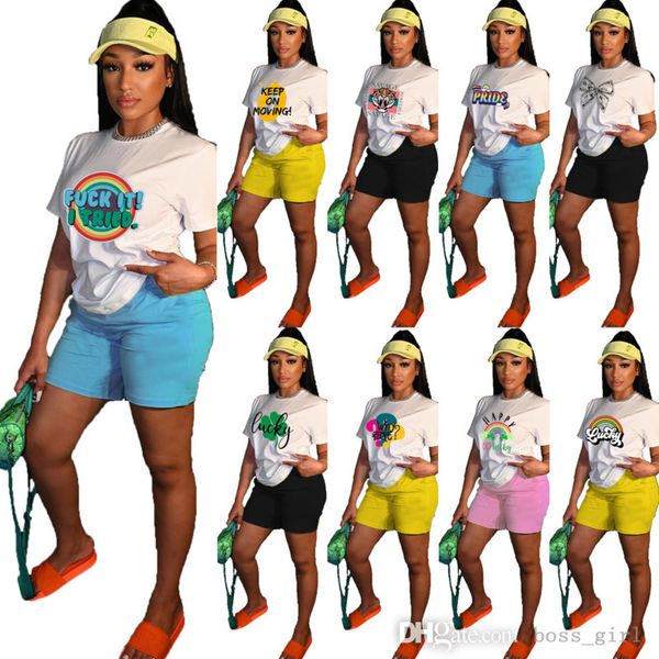 

summer womens tracksuits printed short sleeve leisure suit sport fashion t-shirt and shorts two piece outfit, Gray