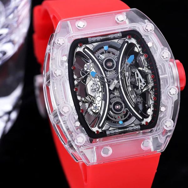 

3 types new version skeleton mens watch red rubber strap transparent case automatic eta movement watch sapphire all function works waterproo, Slivery;brown