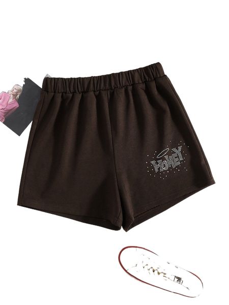 

e.lastic w.aist .etter r.hinestone track s.horts e4mo#, White;black