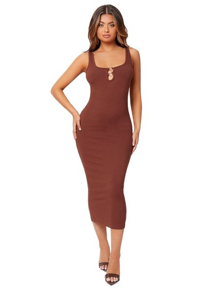

ring front split hem rib knit bodycon dress f0xi#, Black;gray