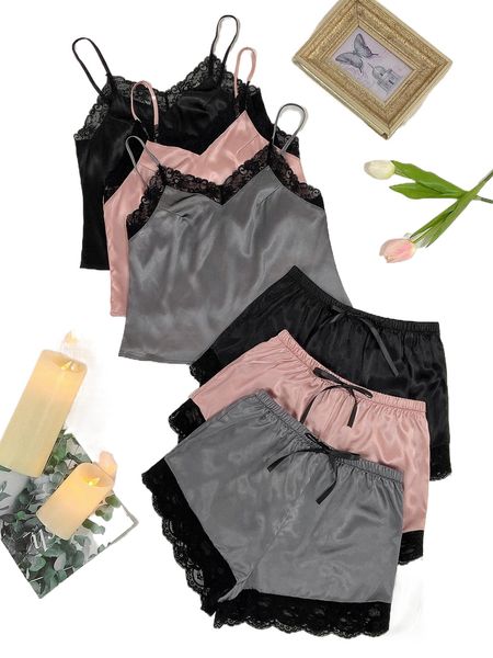 

3sets lace trim cami & shorts night set 24v0#, Black;red