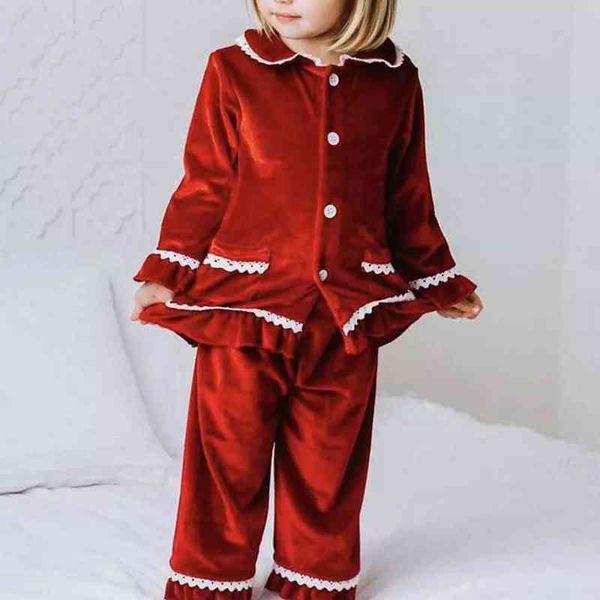 2022 Kırmızı Kış Erkek Bebek Kız Sıcak Aile Pijama Setleri Altın Velevt Çocuklar Maç Pijama Çocuk Elbise Giysileri Toddler PJS AA220326