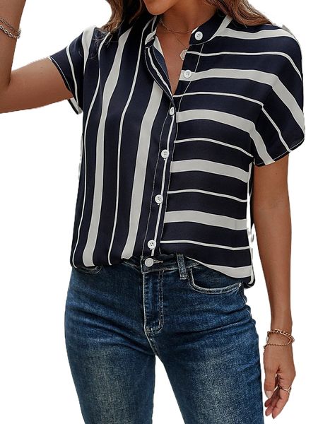 

striped button front shirt u3x1#, White