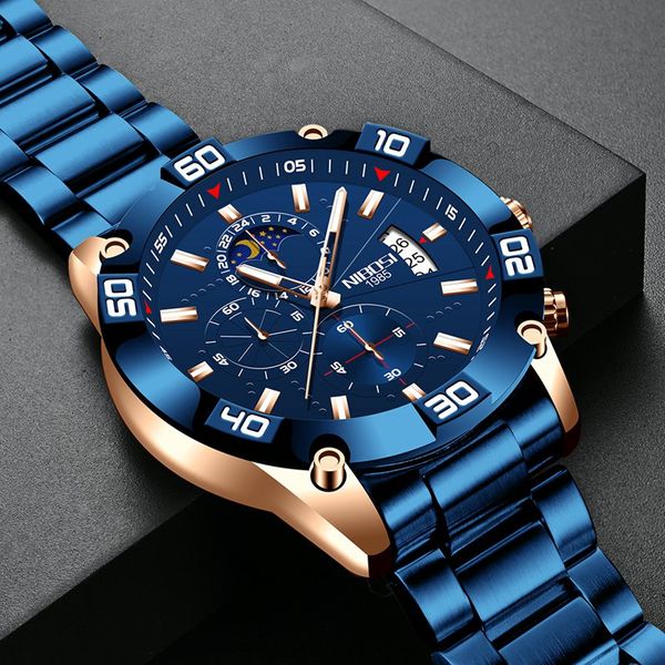 

nibosi blue big dial watch men sport quartz clock fashion men watches brand luxury man military waterproof relogio masculino, Silver
