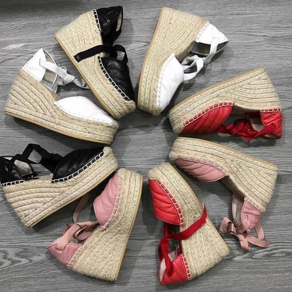 

2022 designer sandals leather wedges platform canvas sole shoes grosgrain lace-up rope sandal calfskin, Black