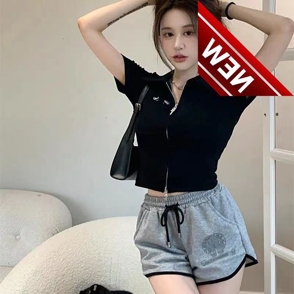 

50% off discount polo shirt fashion brand sleeve t-shirt women's summer zipper stand collar cardigan croix temperament slim short suit, White;black