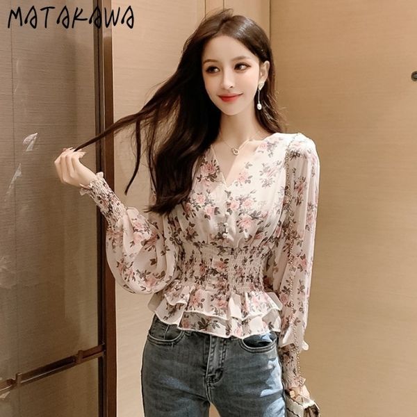 

retro floral chiffon blouses women spring korean vneck shirt pleated slim waist longsleeved blusas mujer 210506, White