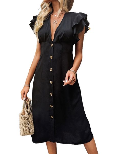 

b.utton f.ront b.utterfly s.leeve d.eep v-neck b.ackless d.ress 73pl#, Black;gray