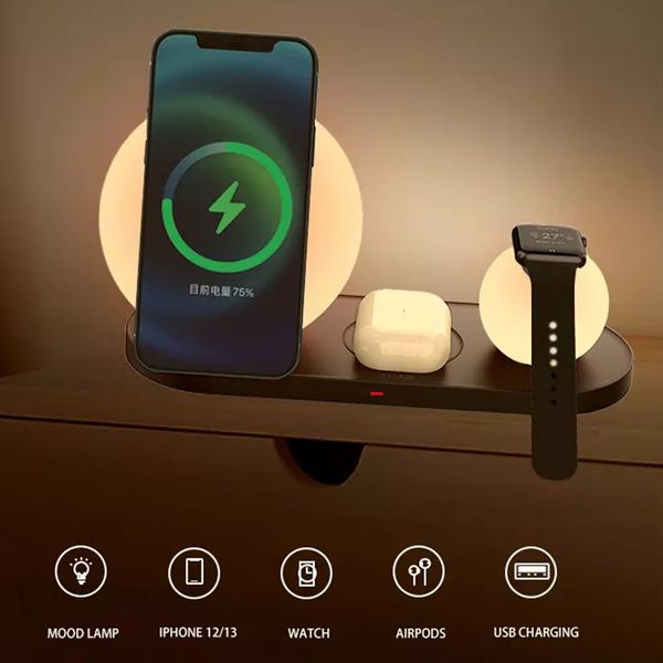 

5 in 1 magnetic wireless charging stand with led mood lamp 3w/5w/10w/15w wireless charger night light for airpods iwtach