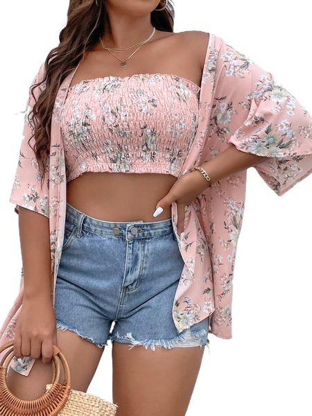 

plus floral print shirred crop tube & blouse g2lb#, Black