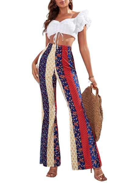 

patchwork print flare leg pants s2c5#, Black;white