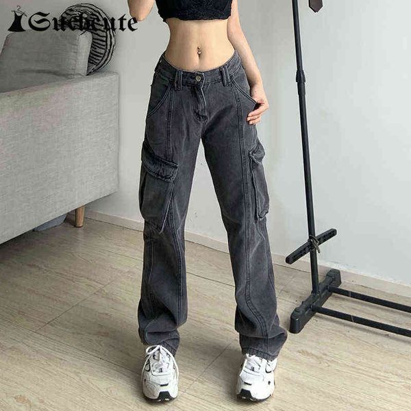 

women's jeans suchcute gothic solid women straight jeans harajuku streetwear 90s casual denim trousers korean fashion pocket baggy carg, Blue