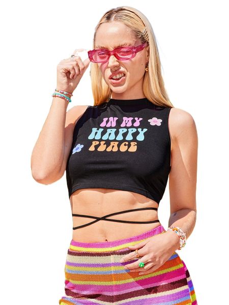 

x stick together co slogan graphic backless lace up waist tank v3t7#, White