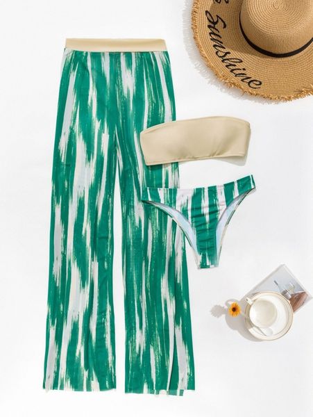 

allover print bandeau bikini swimsuit with beach pants d6oe#, White;black