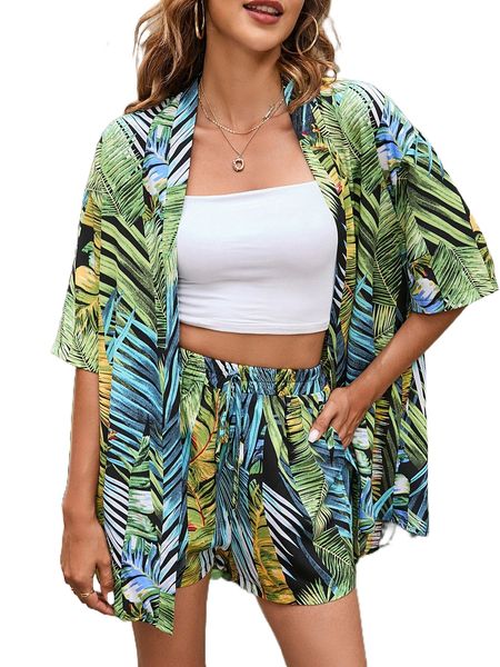 

tropical print open front blouse & tie waist shorts b1vs#, White