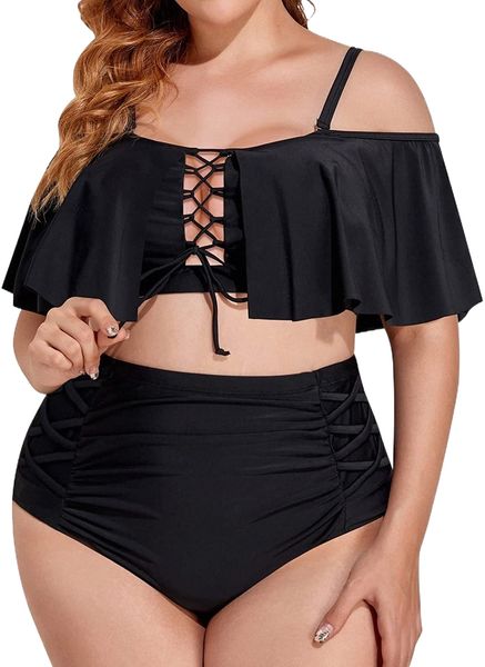 

women plus size two piece swimsuits high waisted bikini sets lace up flounce tummy control bathing suits with bottom g5jp#, White;black