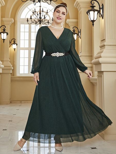 

plus lantern sleeve overlap collar belted mesh dress f1wp#, Black