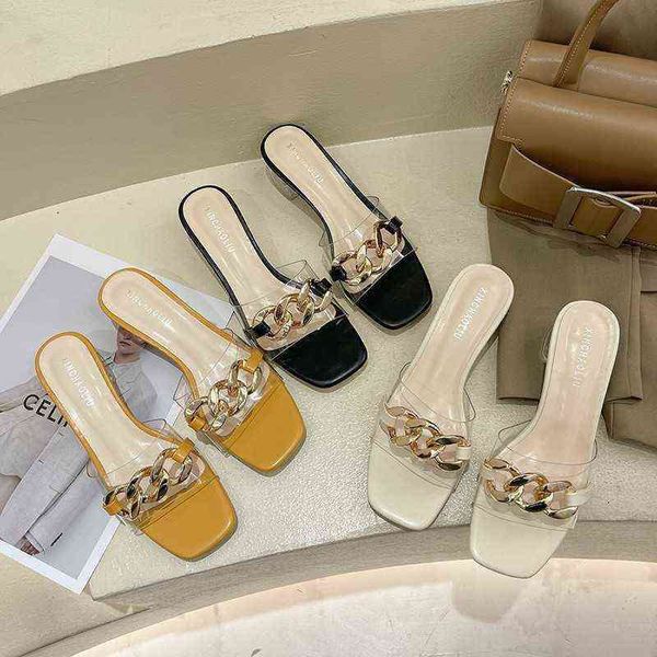

slippers fashion pvc women shoes summer square heel gold chain peep toe shallow ytmtloy zapatillas casa mujer sapatos femininos 220329, Black