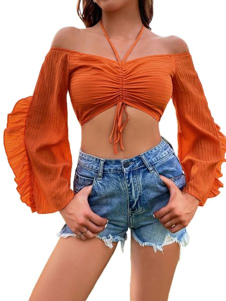 

x arigameplays halter neck drawstring front ruffle trim crop c3cd#, White