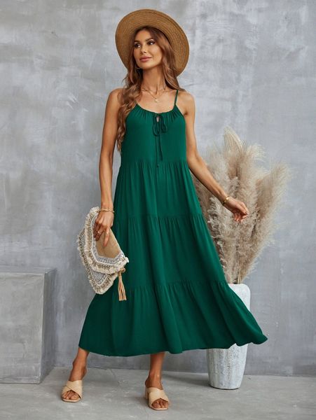 

solid knot front ruffle hem cami dress h6cl#, Black;gray