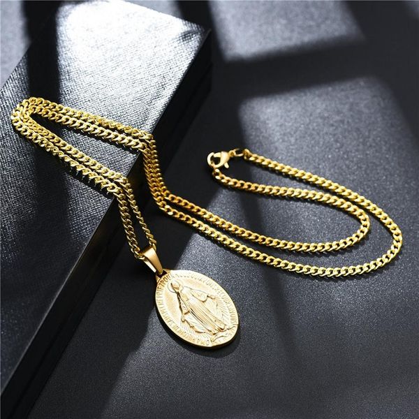

18k gold plated charm men women virgin mary pendant necklace fashion hip hop jewelry stainless steel link chain designer necklaces316l, Silver
