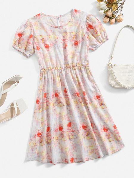 

tie dye puff sleeve a-line dress 98ew#, Black;gray