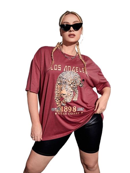 

plus leopard & letter graphic drop shoulder tee h9a6#, Black