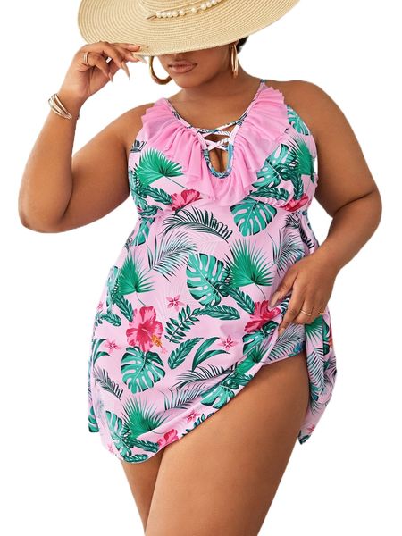 

plus tropical print criss cross frill trim bikini swimsuit x2u4#, White;black