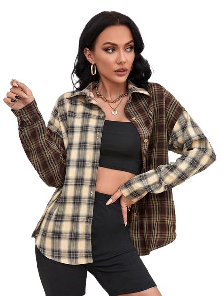 

plaid colorblock drop shoulder blouse j5b3#, White