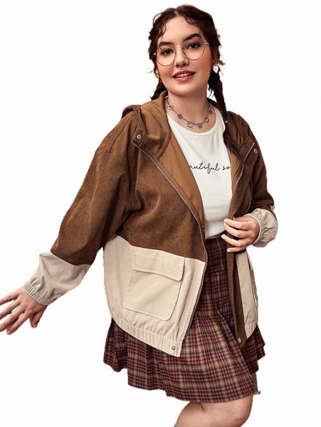 

plus two tone drop shoulder flap pocket hooded corduroy jacket x3m4#, Black