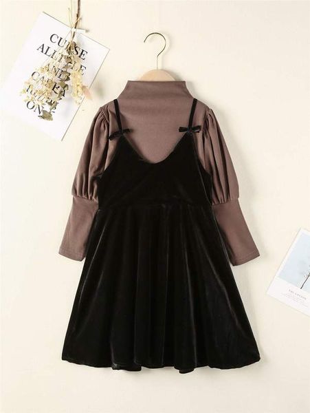 

girls mock neck gigot sleeve & velvet cami dress she, White