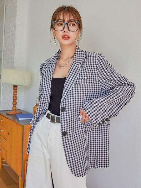 

dazy gingham print lapel neck blazer s7yq#, White