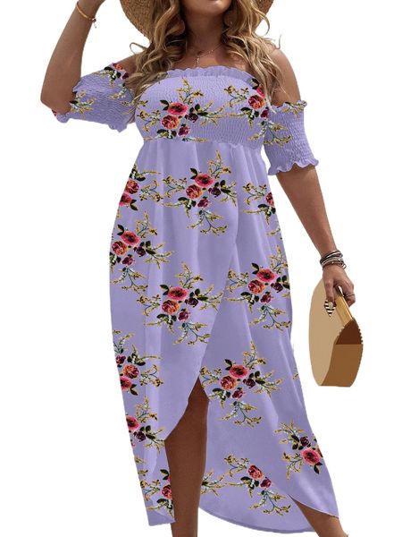 

plus floral off the shoulder high low wrap hem dress g3mn#, Black