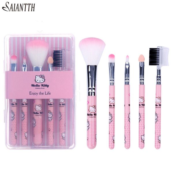 

5pcs cute handle hello makeup brushes set pink kids make up blush eyeshadow lip eyebrow eyelashes brush kit with clear box 220722