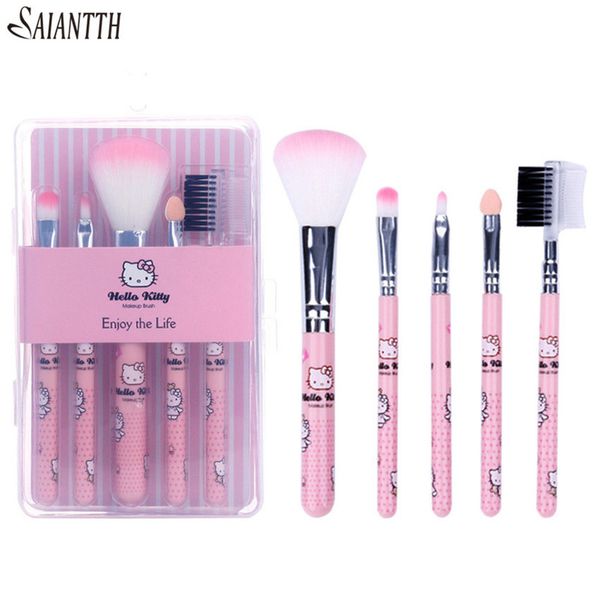 5pcs süßer Griff Hallo Make -up Pinsel Set Pink Kids Make -up Erröten Lidschatten Lip Augenbrauen Wimpern Pinsel Kit mit klarer Kiste 220722