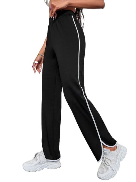 

contrast binding straight leg pants 93fm#, Black;white