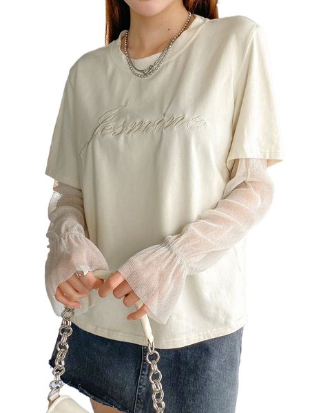 

dazy letter embroidery contrast mesh flounce sleeve tee y5qh#, White