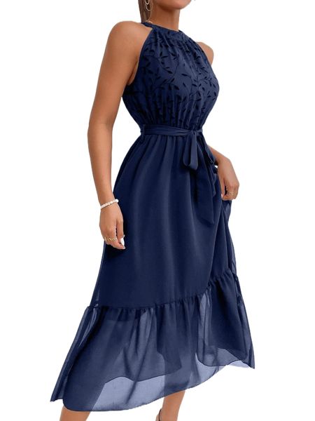 

plant print ruffle hem belted halter dress 06t9#, Black;gray