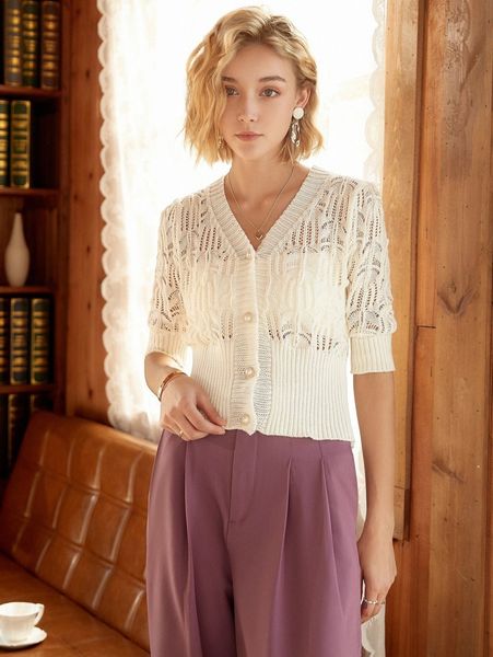 

knit mix pointelle knit button front cardigan n3jt#, White;black