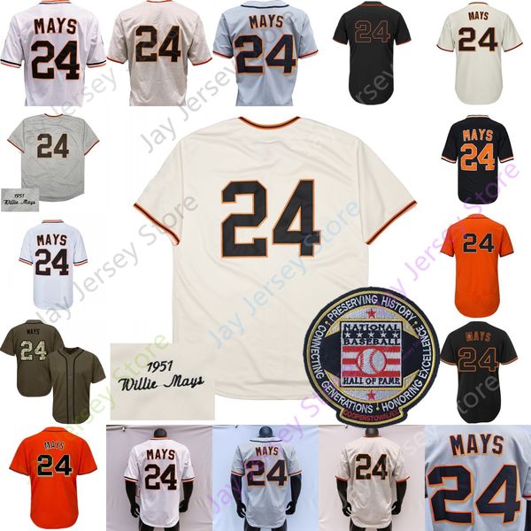 Camisa Willie Mays Vintage 1951 Creme Cinza Preto Moda Jogador Fãs Pulôver Laranja Branco Patch do Hall da Fama